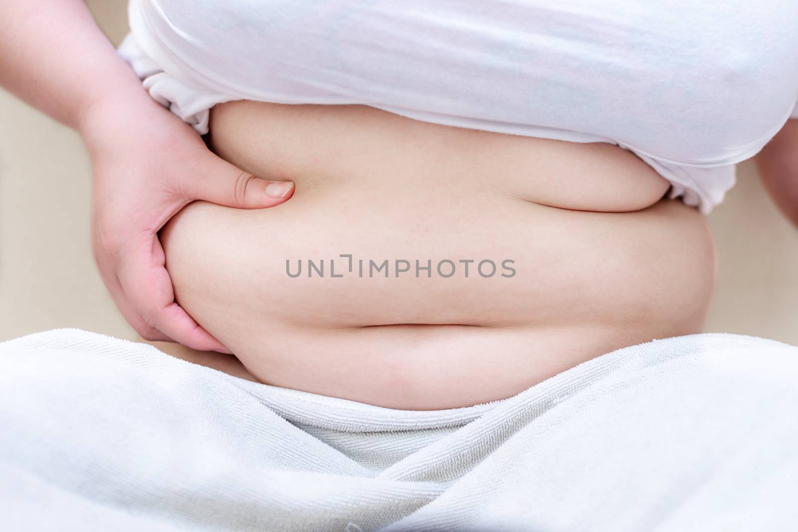 Fat woman, Shape up healthy stomach muscle, and diet lifestyle, to reduce belly concept.