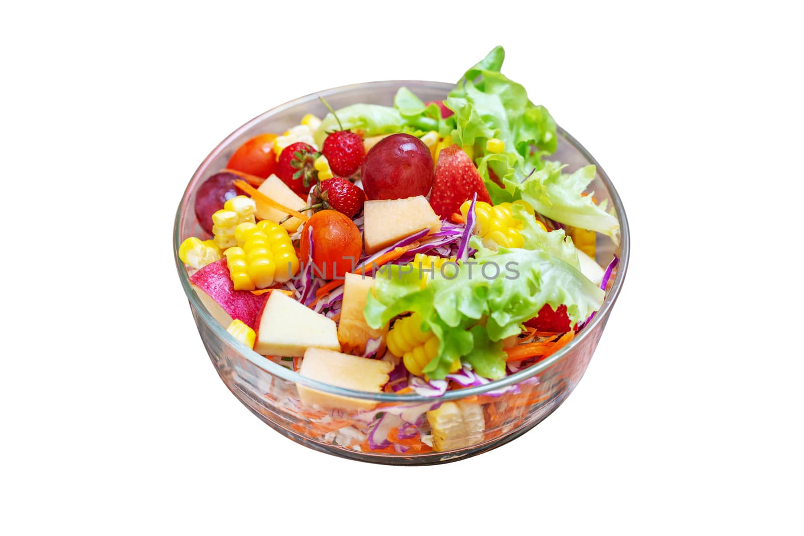 Fruits salad and vegetable in bowl isolated on white background, Clipping path