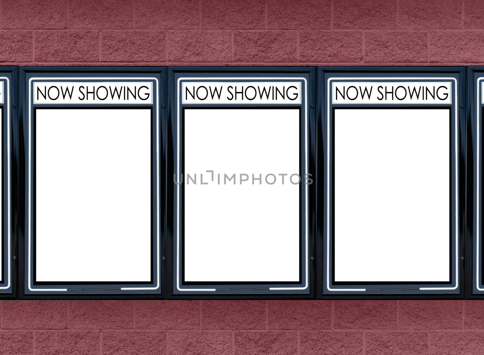 Horizontal of three blank movie marquees on a red background.