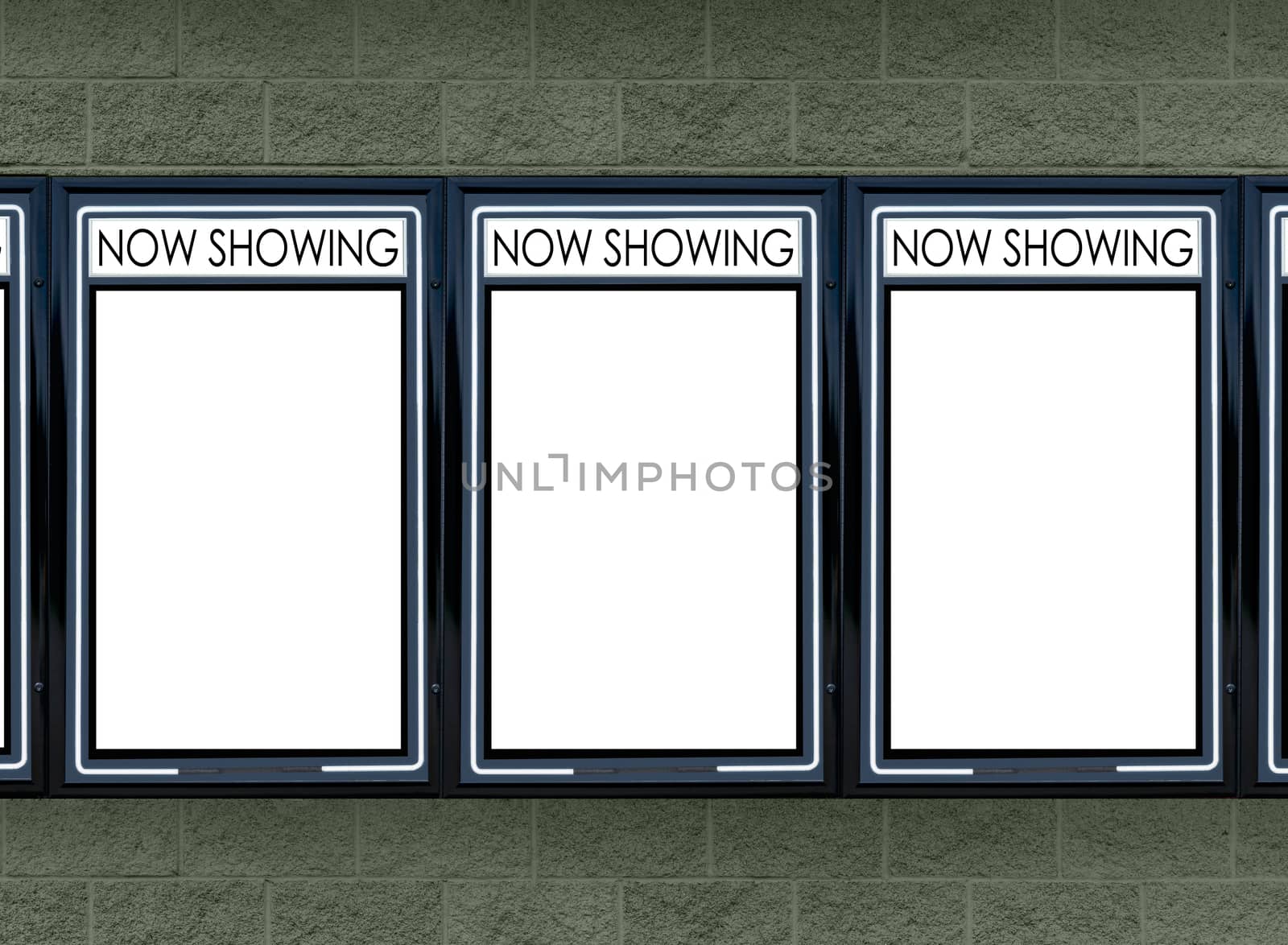 Horizontal of three blank movie marquees on a green background.