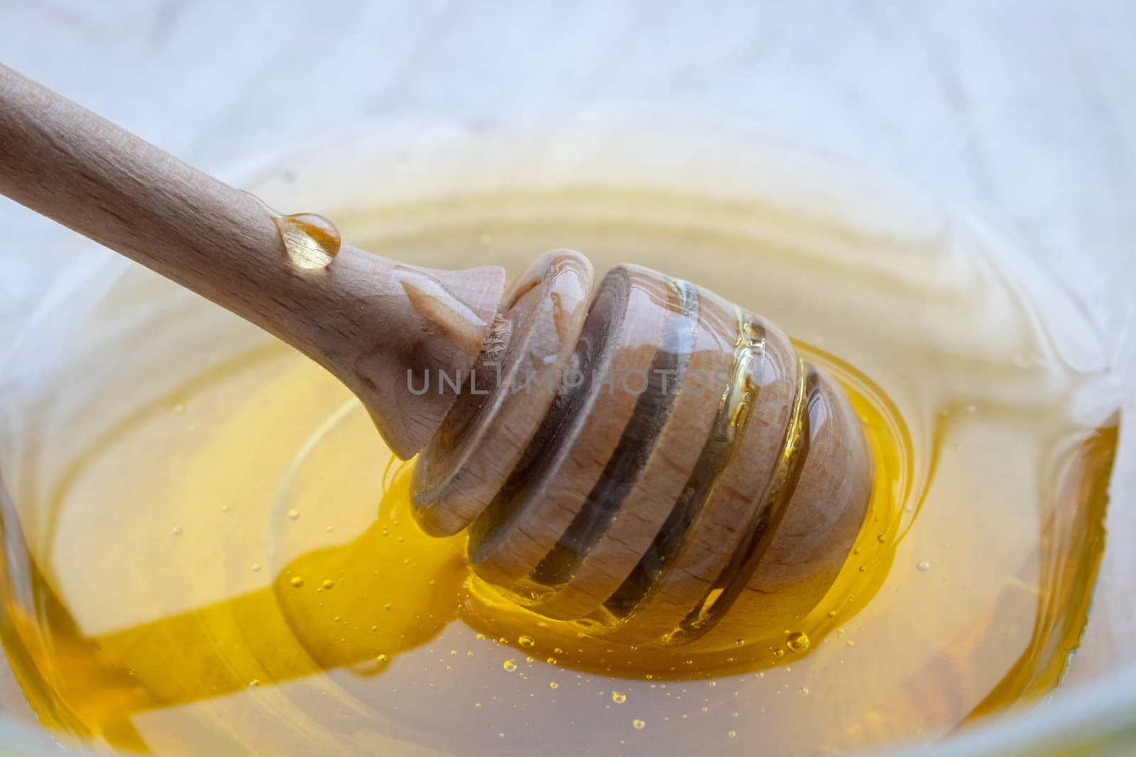 Honey dipper on the bee honeycomb background. Honey tidbit in glass jar and honeycombs wax by lapushka62
