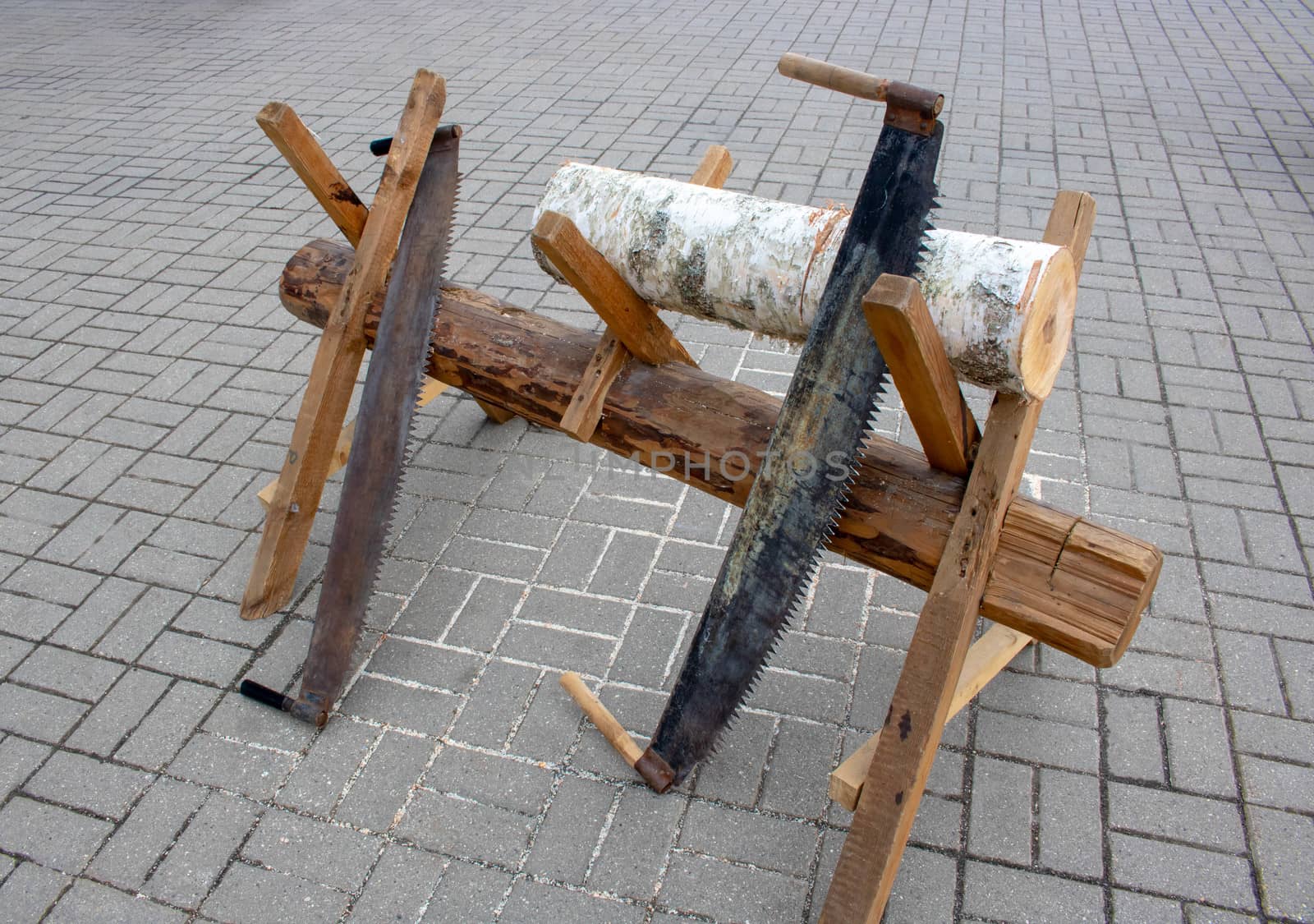 Old fashioned rusty two man saw leaning against a large pile of logs on a sunny day