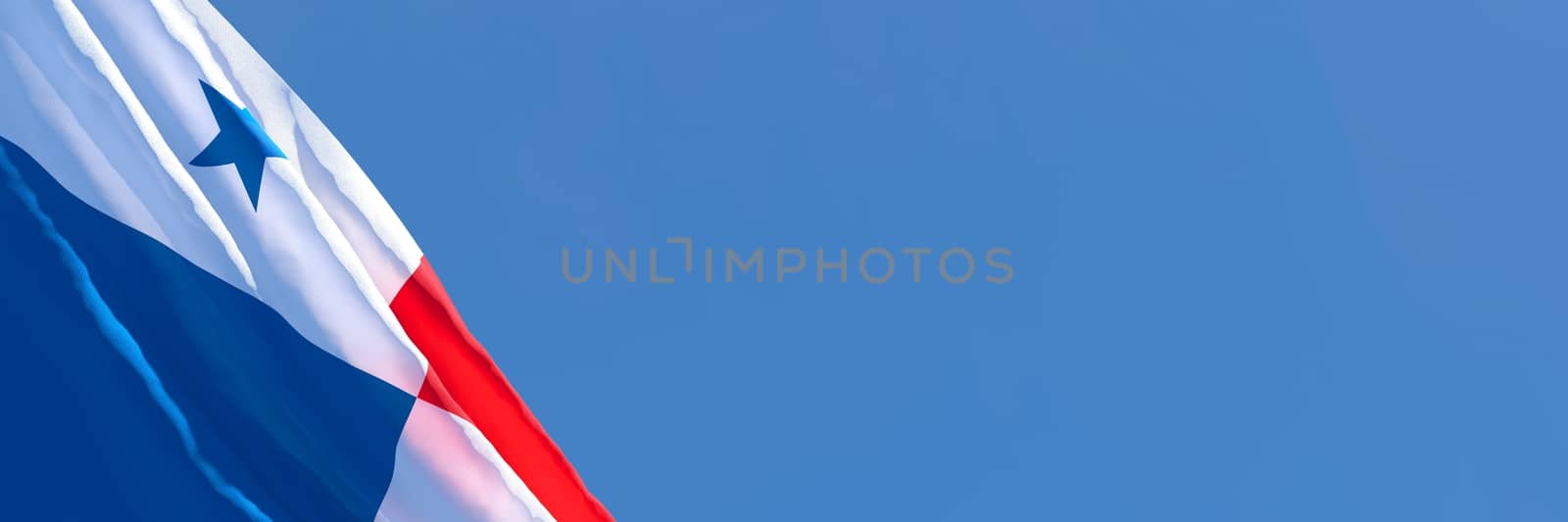 3D rendering of the national flag of Panama waving in the wind against a blue sky