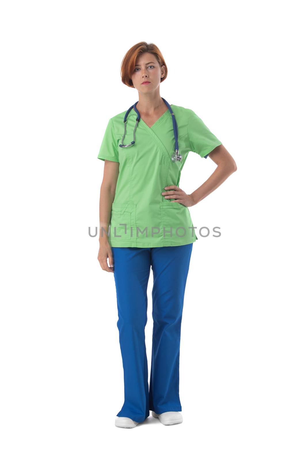 Female nurse in blue and green uniform with stethoscope and document folder isolated on white background, full length portrait