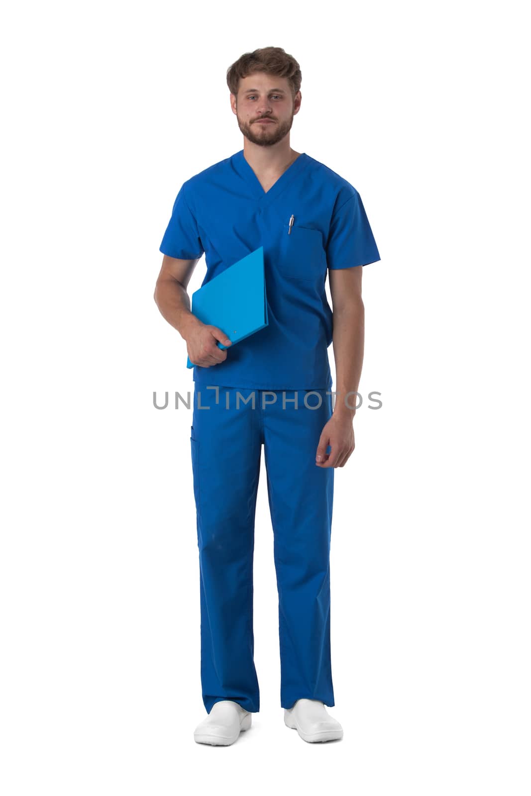 Male nurse in blue uniform with stethoscope and document folder isolated on white background, full length portrait