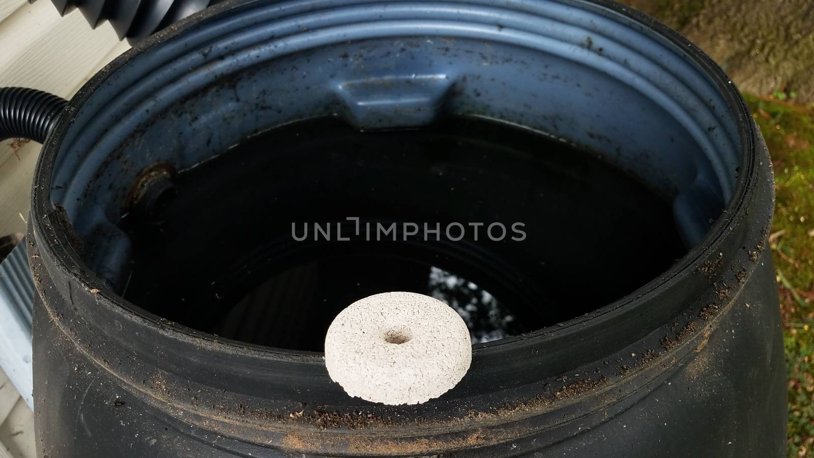 circular white mosquito tablet insecticide on edge of rain barrel with water