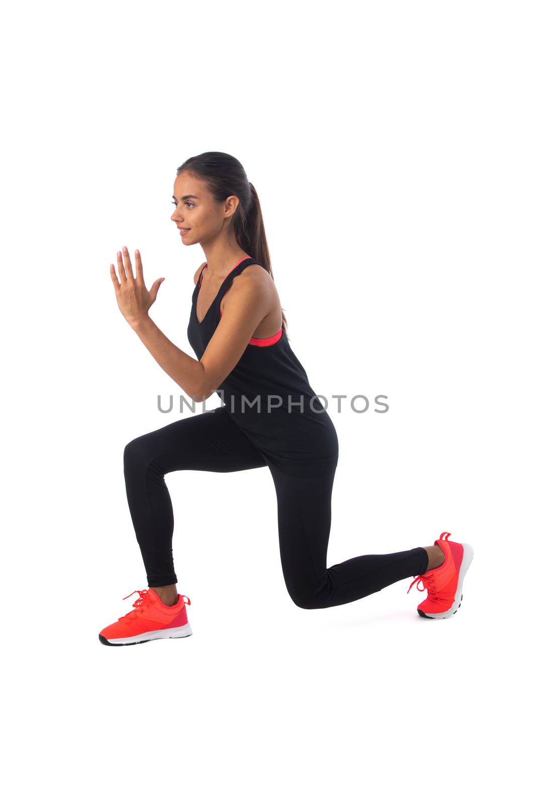 Healthy hispanic fitness girl with doing workout squat exercise isolated on white background