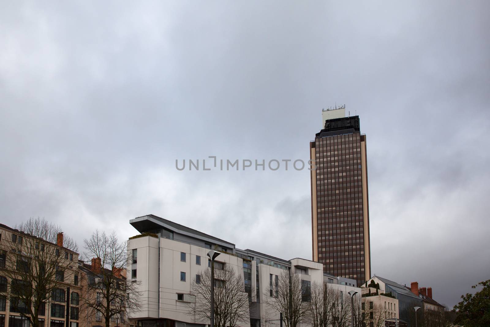Nantes, France: 22 February 2020: Brittany Tower (Tour Bretagne) on a gloomy day