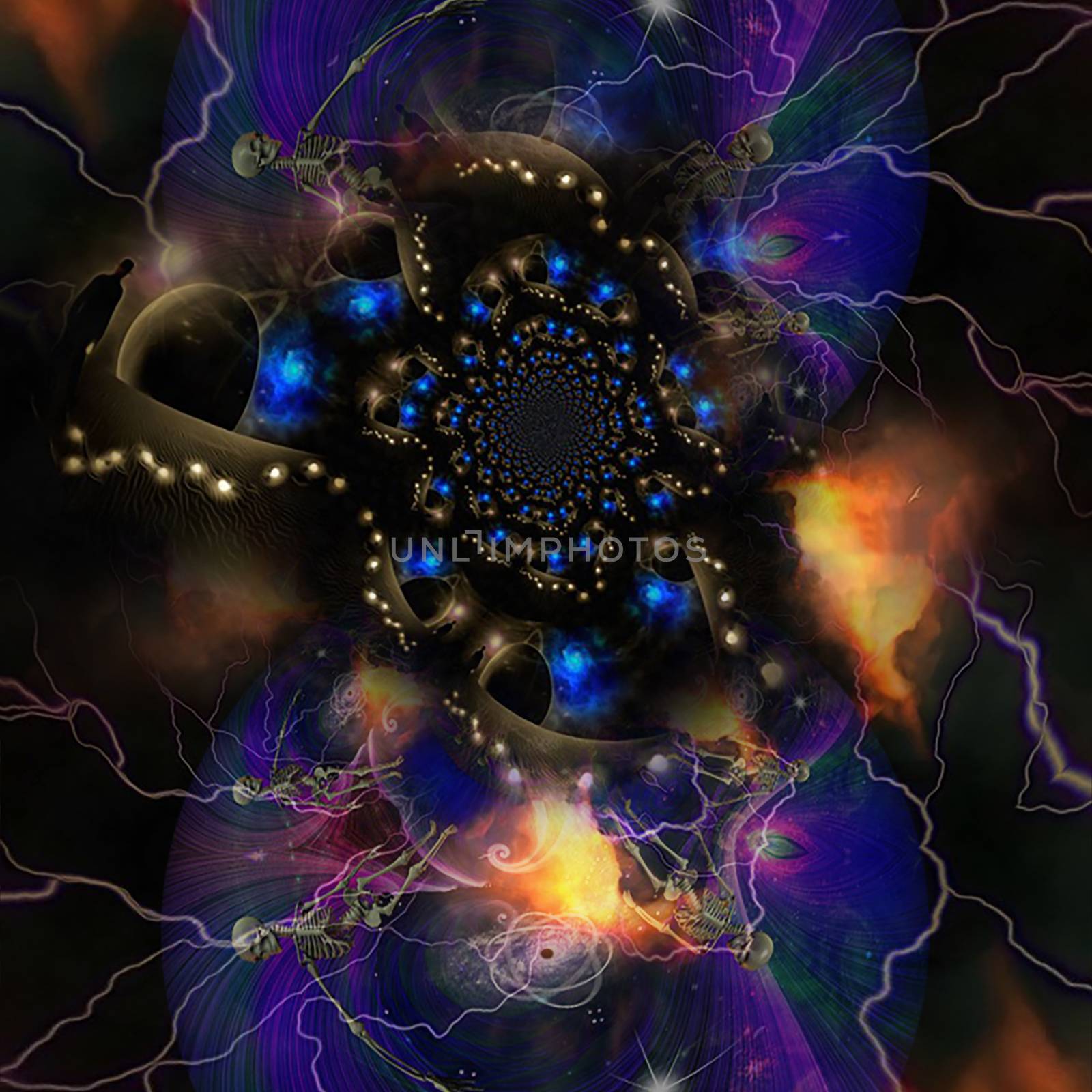 Life and Death. Abstract fractal with skelton and angel