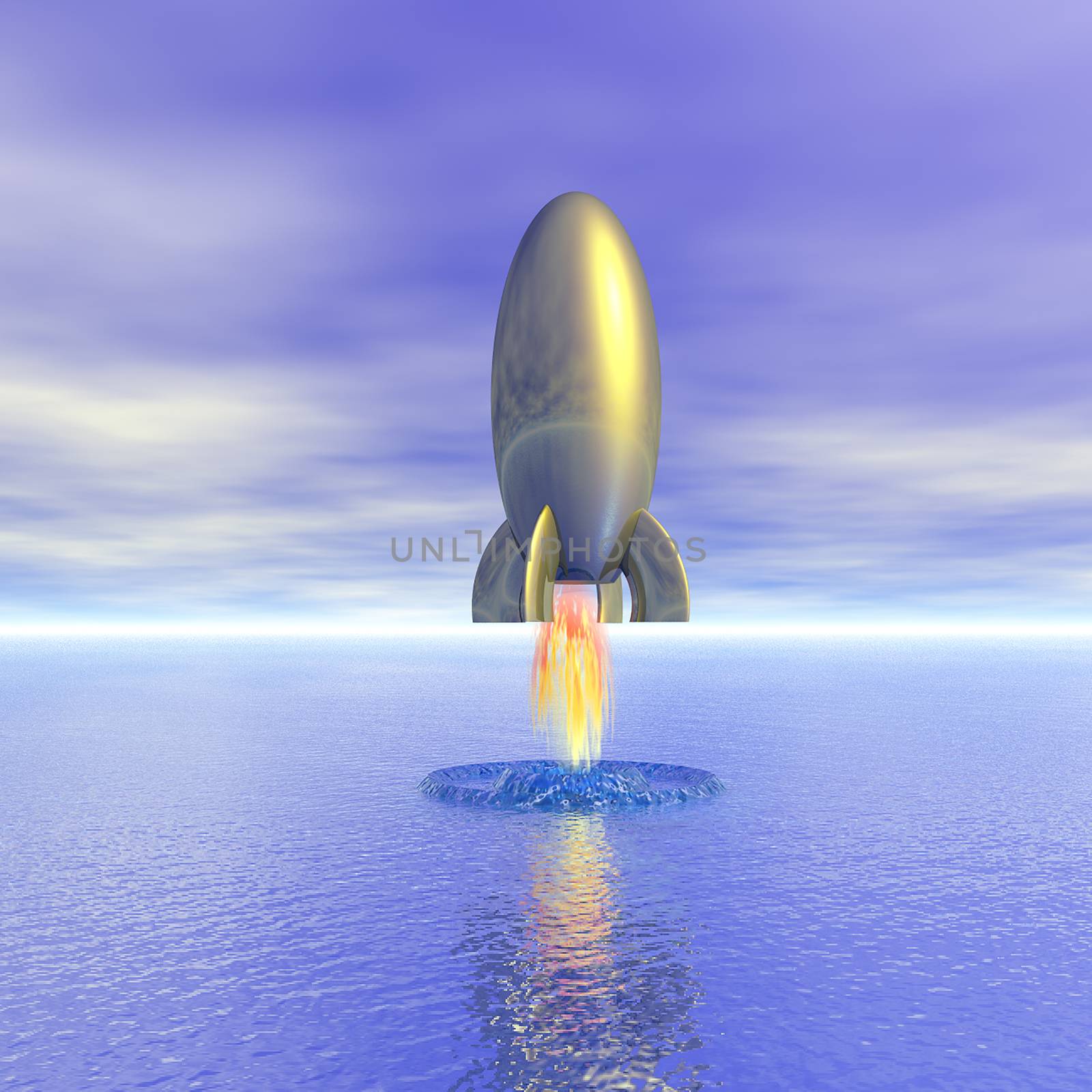 Retro rocket launch from water surface. 3D rendering