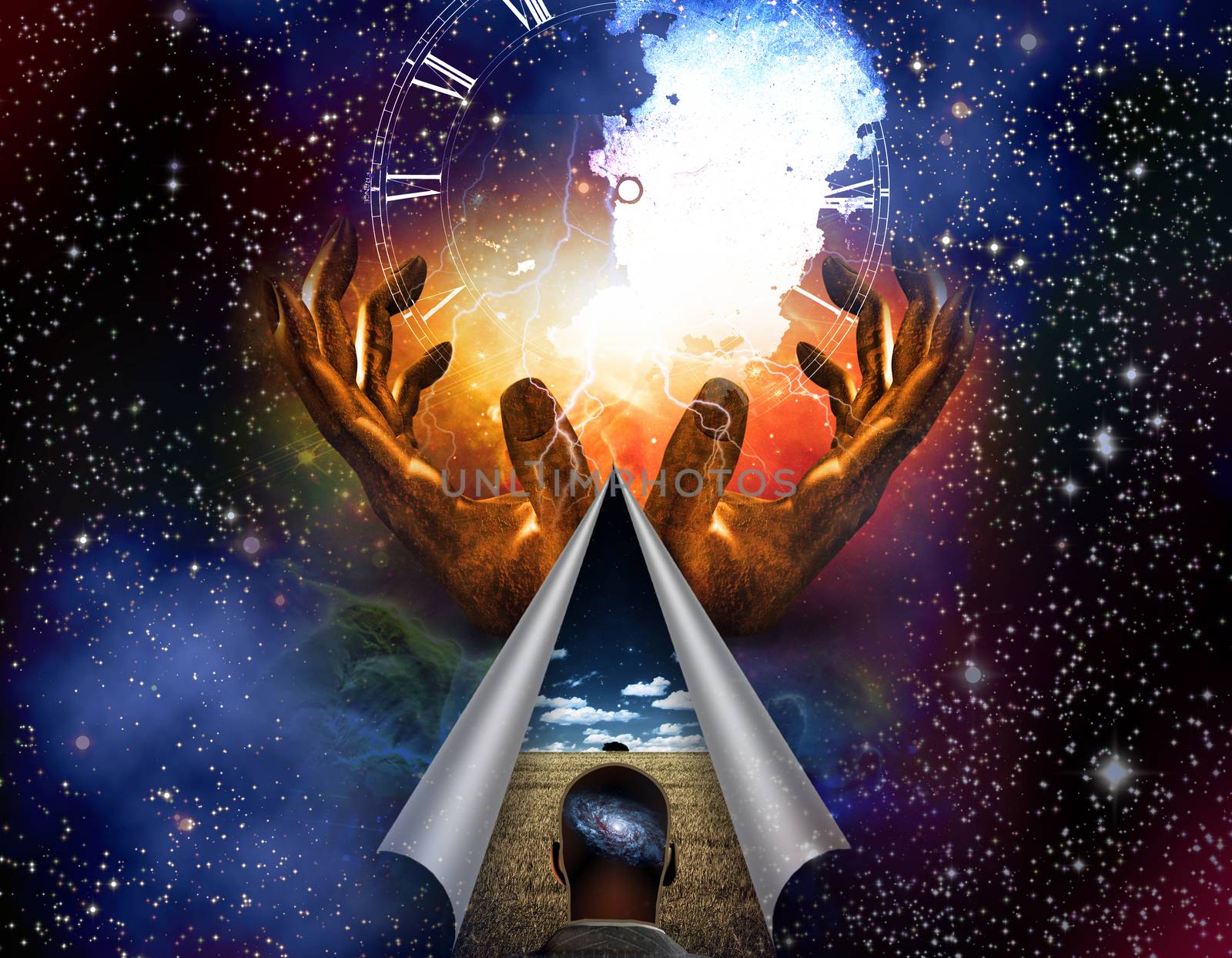 Spiritual painting. Hands of Creator and All seeing eye. Revelation of world. 3D rendering