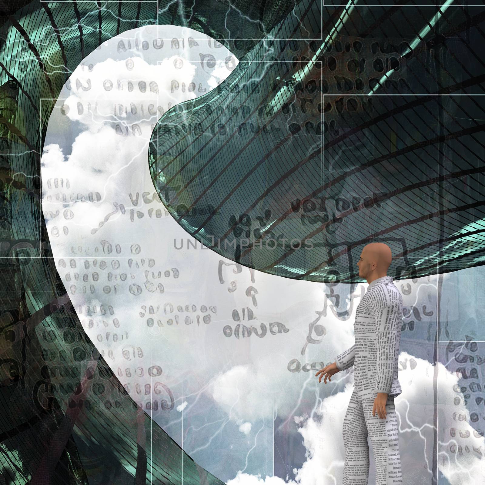 Futuristic architecture, mystic symbols and man in newspaper suit. 3D rendering