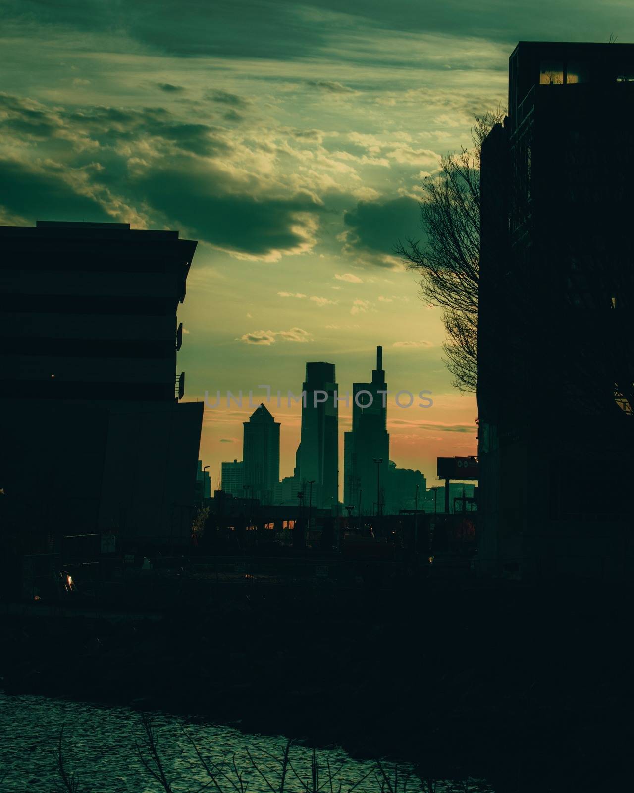 A Silhouette of the Philadelphia Skyline Between Two Buildings by bju12290