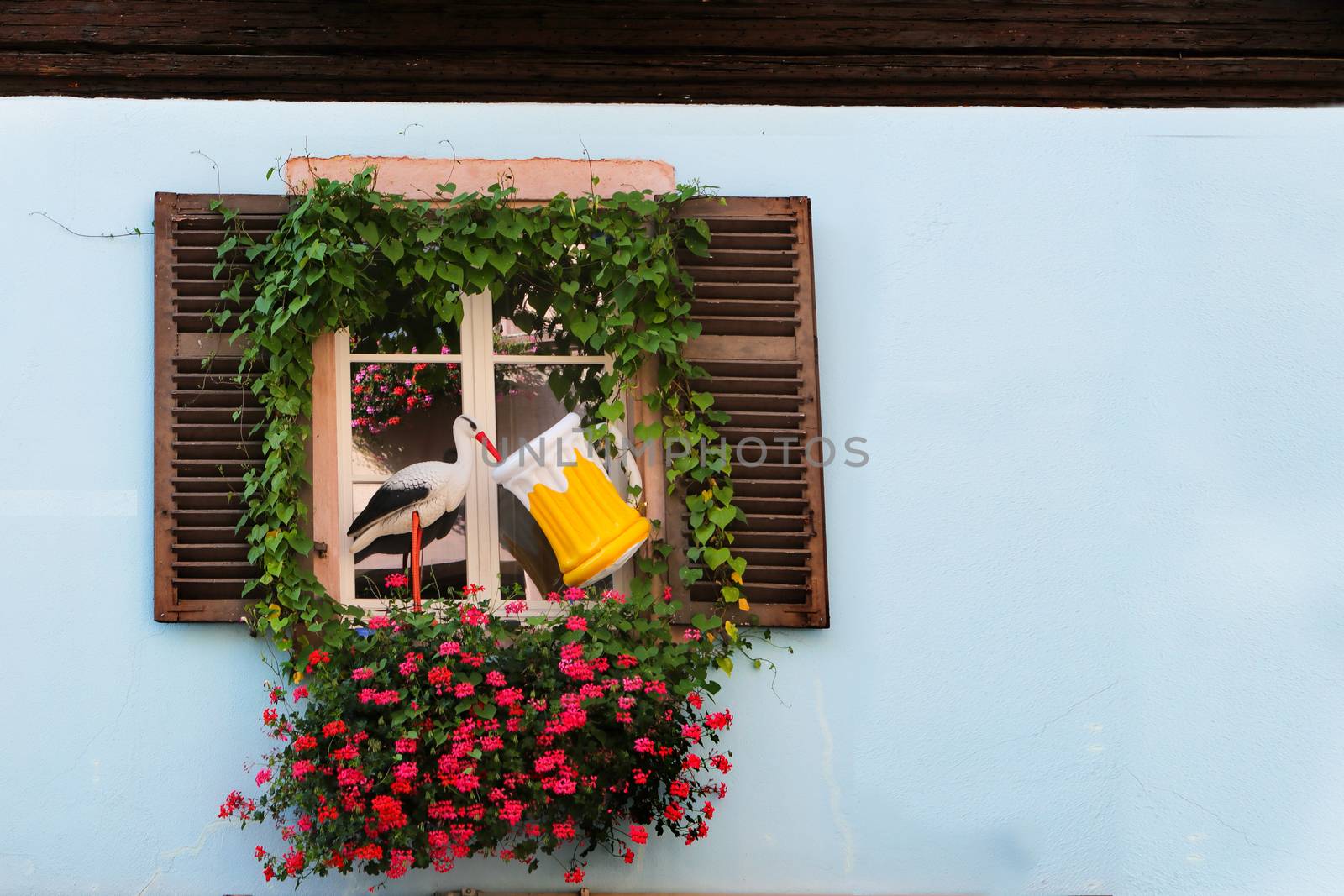 Background concept for presentation, with a stork in front of window drinking beer. With copy space.