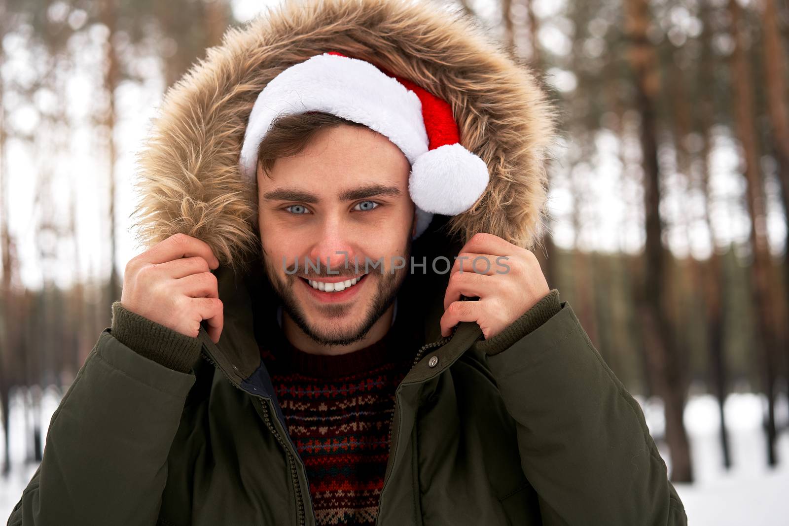 Handsome bearded young caucasian man standing outdoors sweater santa hat winter season forest. Attractive stylish european guy walking snowy christmas woodland Season holiday leisure