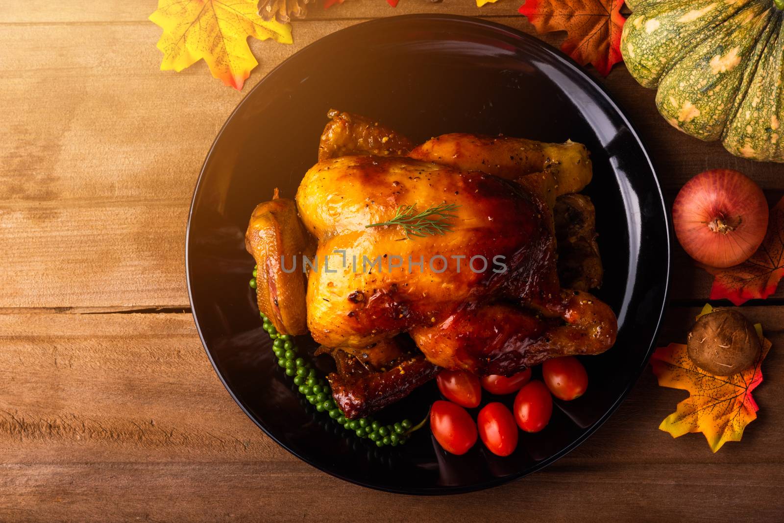 Thanksgiving baked turkey or chicken and vegetables, Christmas dinner feast food decoration, studio shot on wooden table background, Happy thanksgiving day of holiday concept