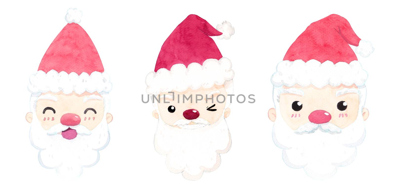 a cute santa set. cartoon character watercolor hand painting for decoration in winter, chrismas, and new year festival advertising. isolated on white background. clipping path. by Ungamrung