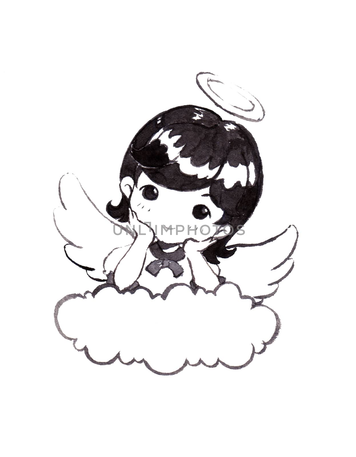 a cute angel girl with black hair lay her elbow on the cloud. hand painted Illustration on white background. by Ungamrung