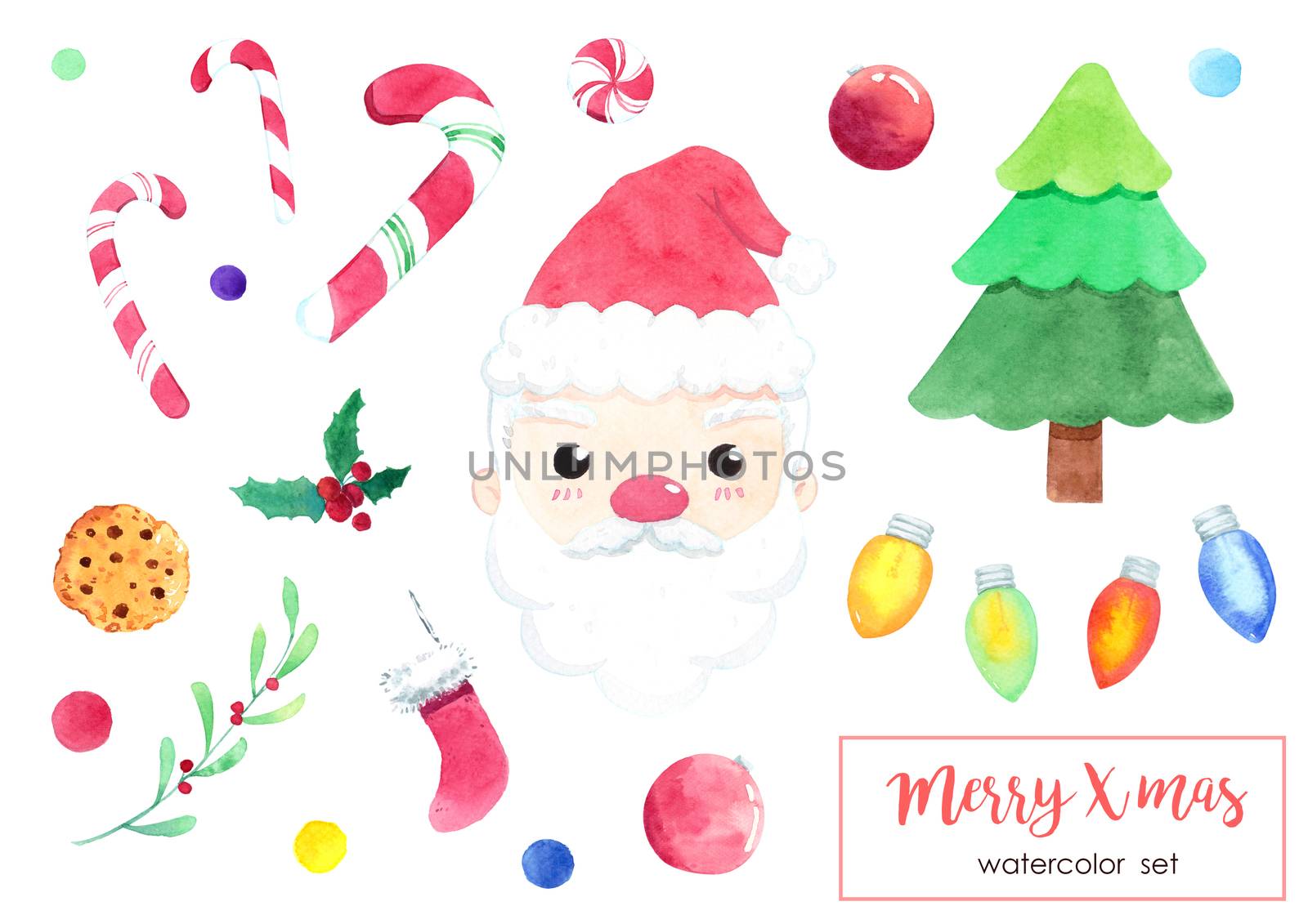 Cute watercolor Christmas objects set: Santa Claus, Fir tree, ball, sweet, sock, holly berry, fairy lights icon. Xmas decorative elements isolated on white background. Hand painted illustrations. Clipping path.
