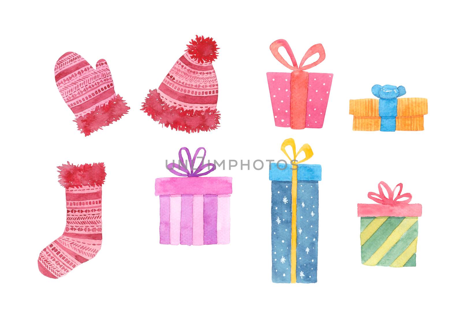 Cute watercolor gift set. decorative elements isolated on white background. Hand painted illustrations. Clipping path. by Ungamrung
