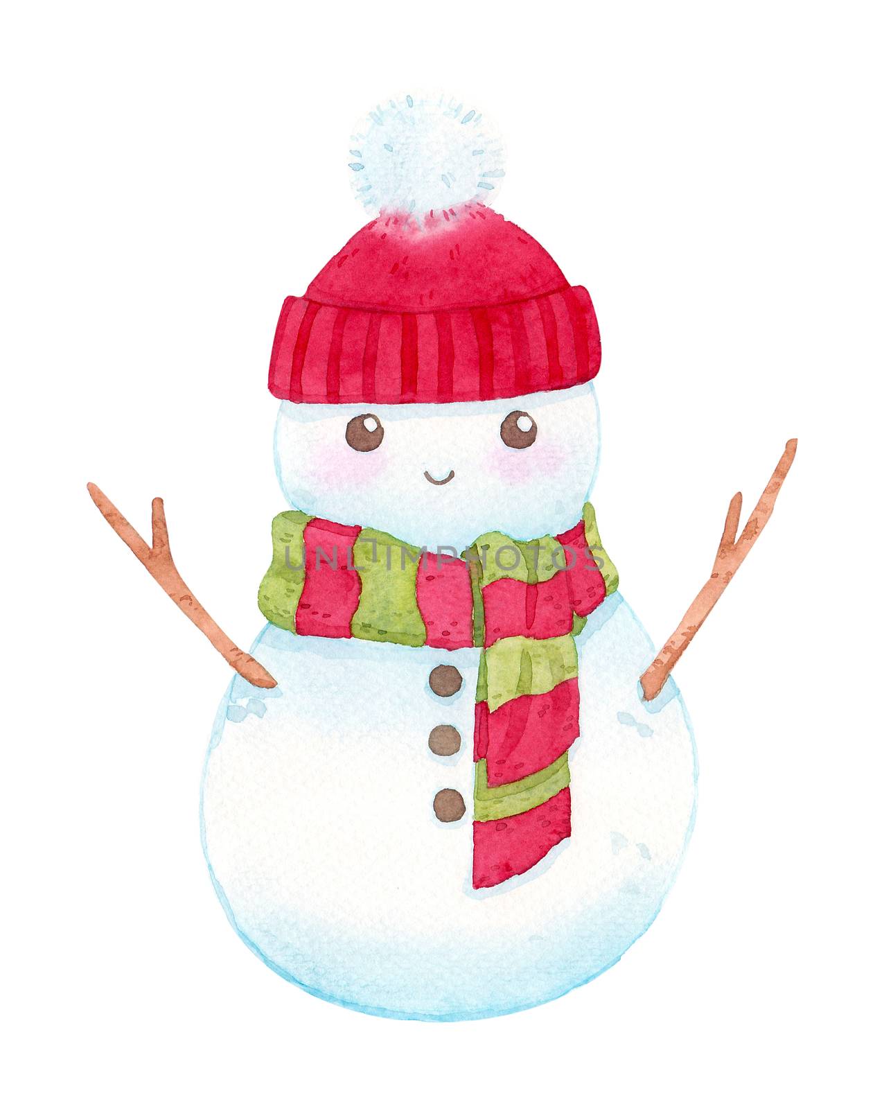 a cute snowman. cartoon character watercolor hand painting for decoration in winter, chrismas, and new year festival advertising. isolated on white background. clipping path.