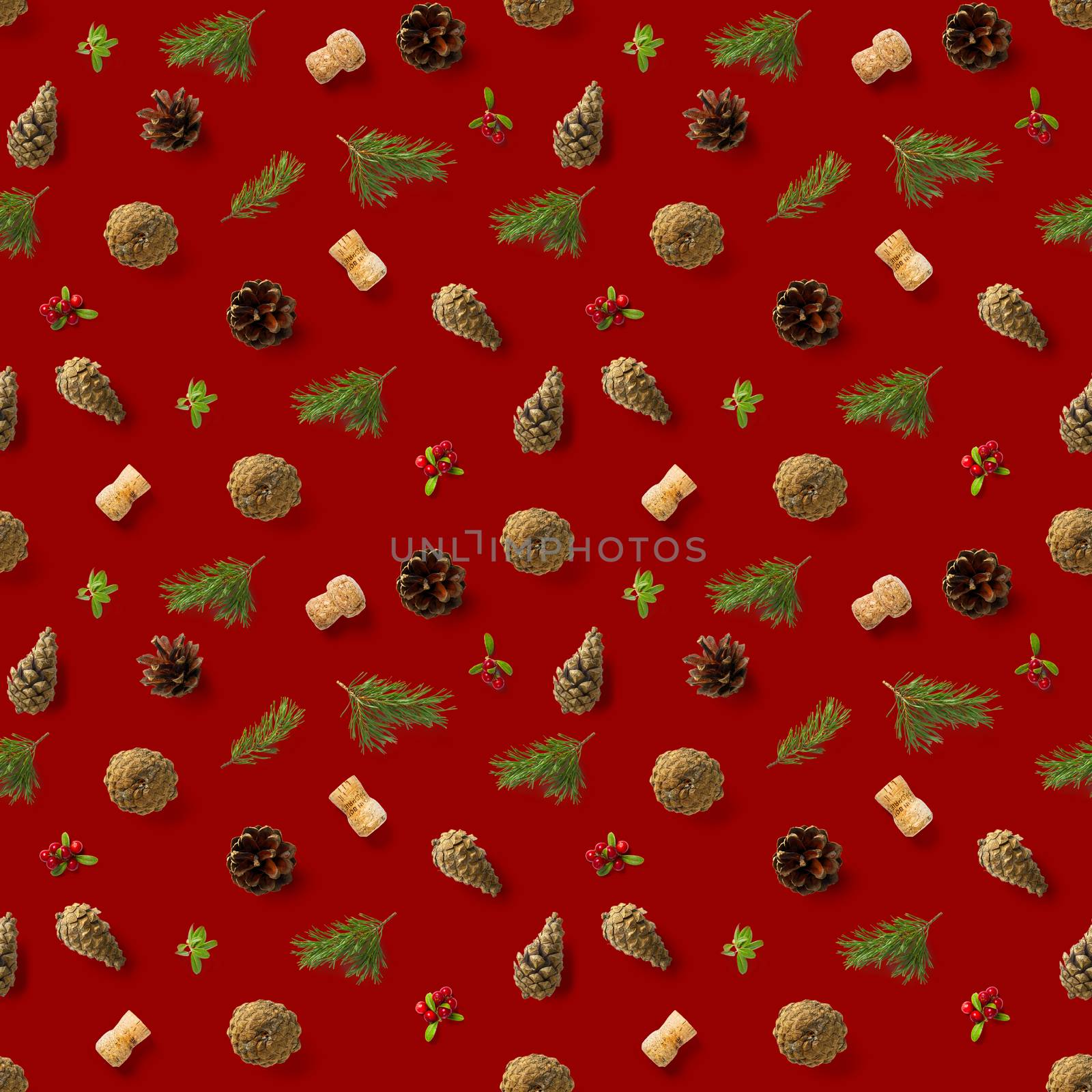 christmas seamless patterns with Pine cones wine cork and lingonberry. pattern christmas seamless on a white backdrop. Realistic photo collage. Print for paper, fabric, wallpaper.
