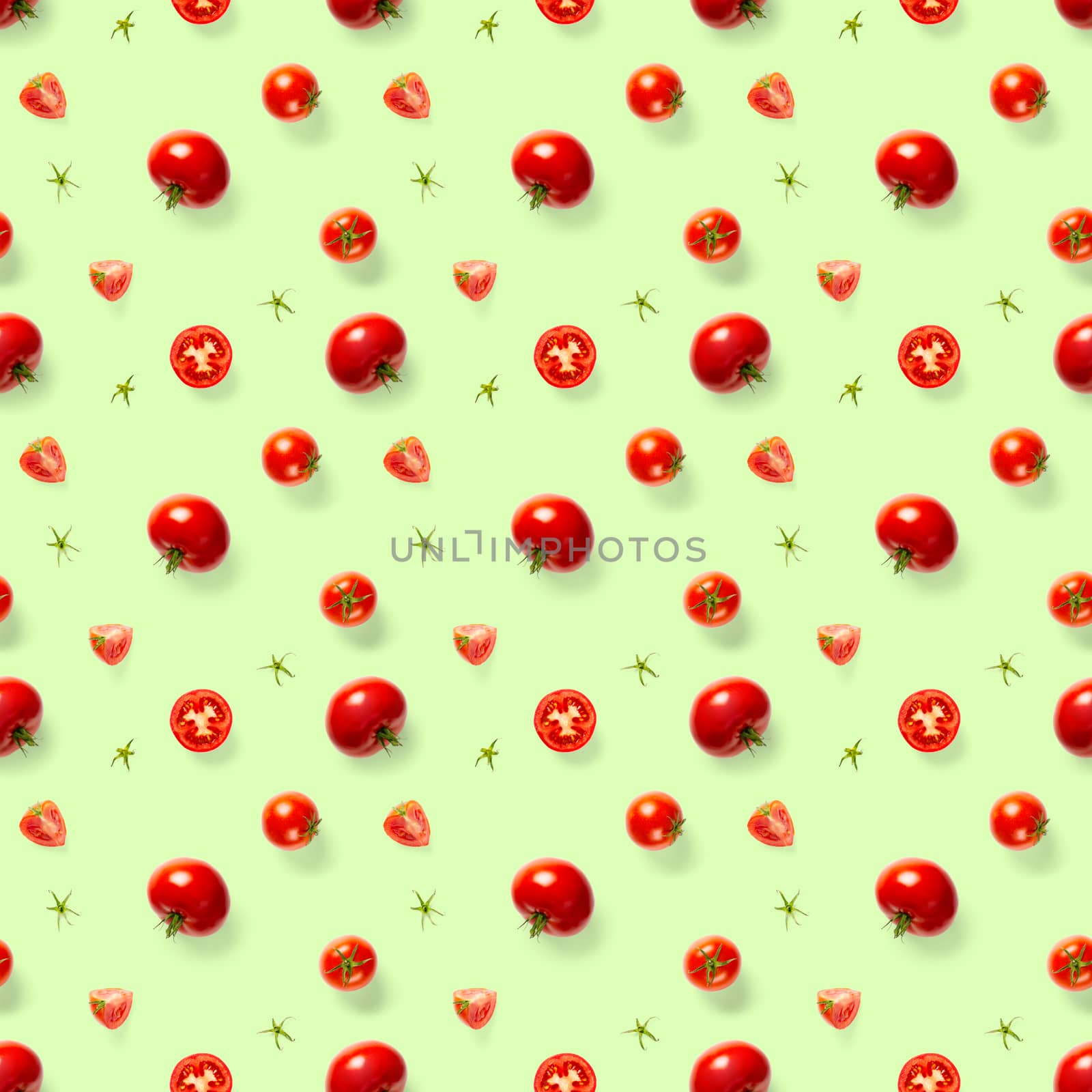 Seamless pattern with red ripe tomatoes. Tomato isolated on green background. Vegetable abstract seamless pattern. Organic Tomatoes flat lay.