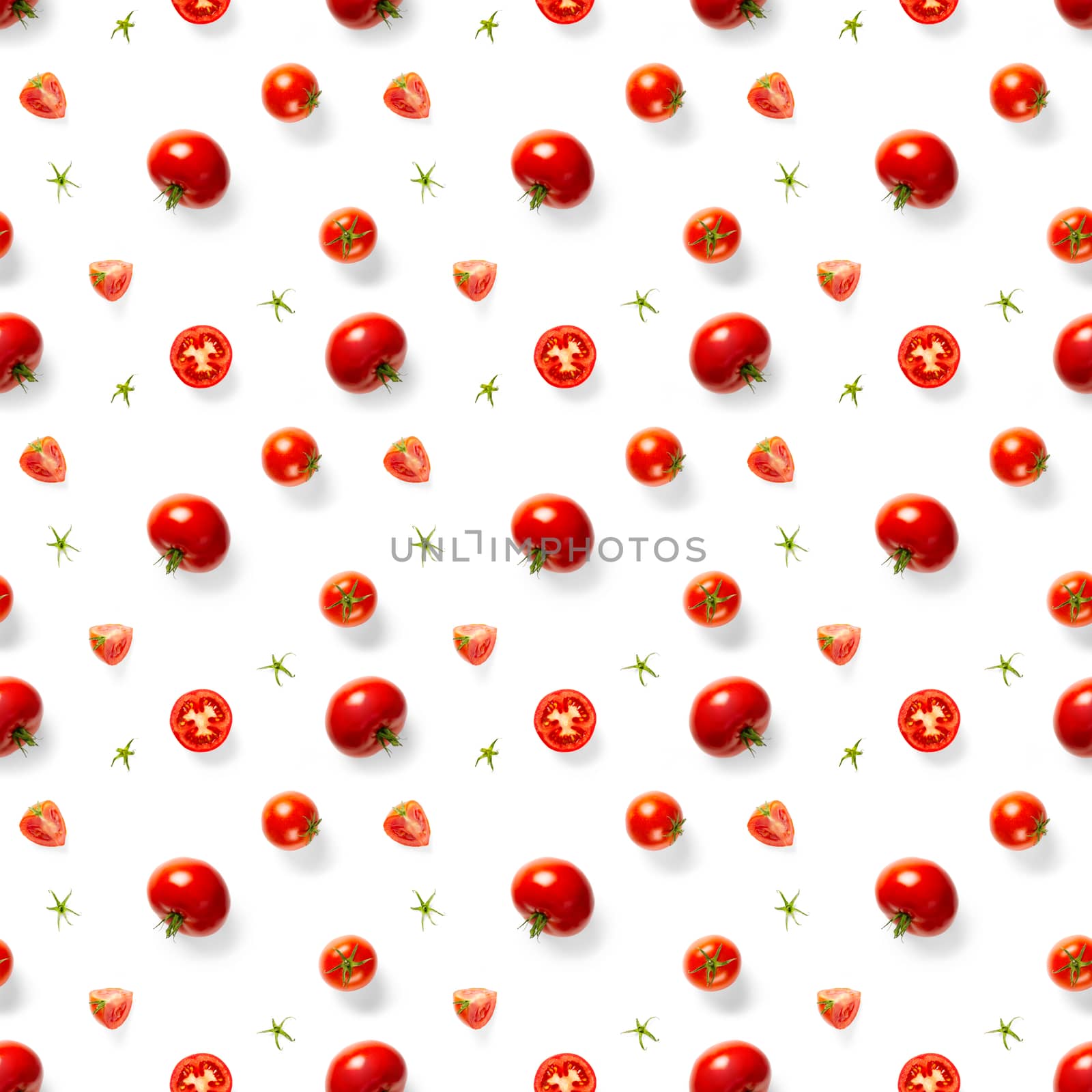Seamless pattern with red ripe tomatoes. Tomato isolated on white background. Vegetable abstract seamless pattern. Organic Tomatoes flat lay by PhotoTime