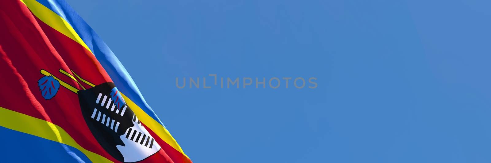 3D rendering of the national flag of Swaziland waving in the wind against a blue sky