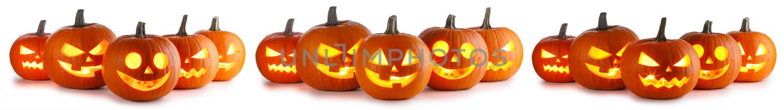 Many Halloween Pumpkins in a row isolated on white background set design collection