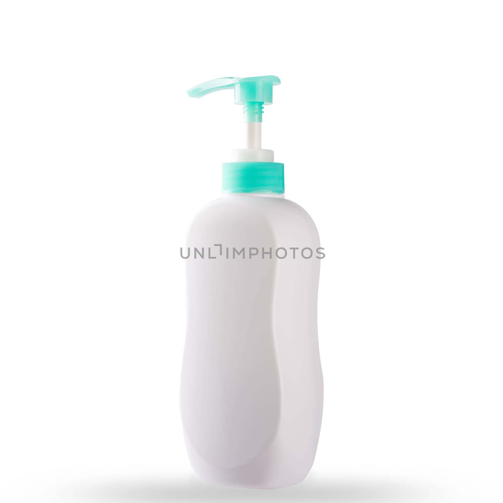 White plastic pump soap bottle container for cream, liquid soap, lotion, and shampoo product blank no label in the bathroom, studio shot isolated on over white background