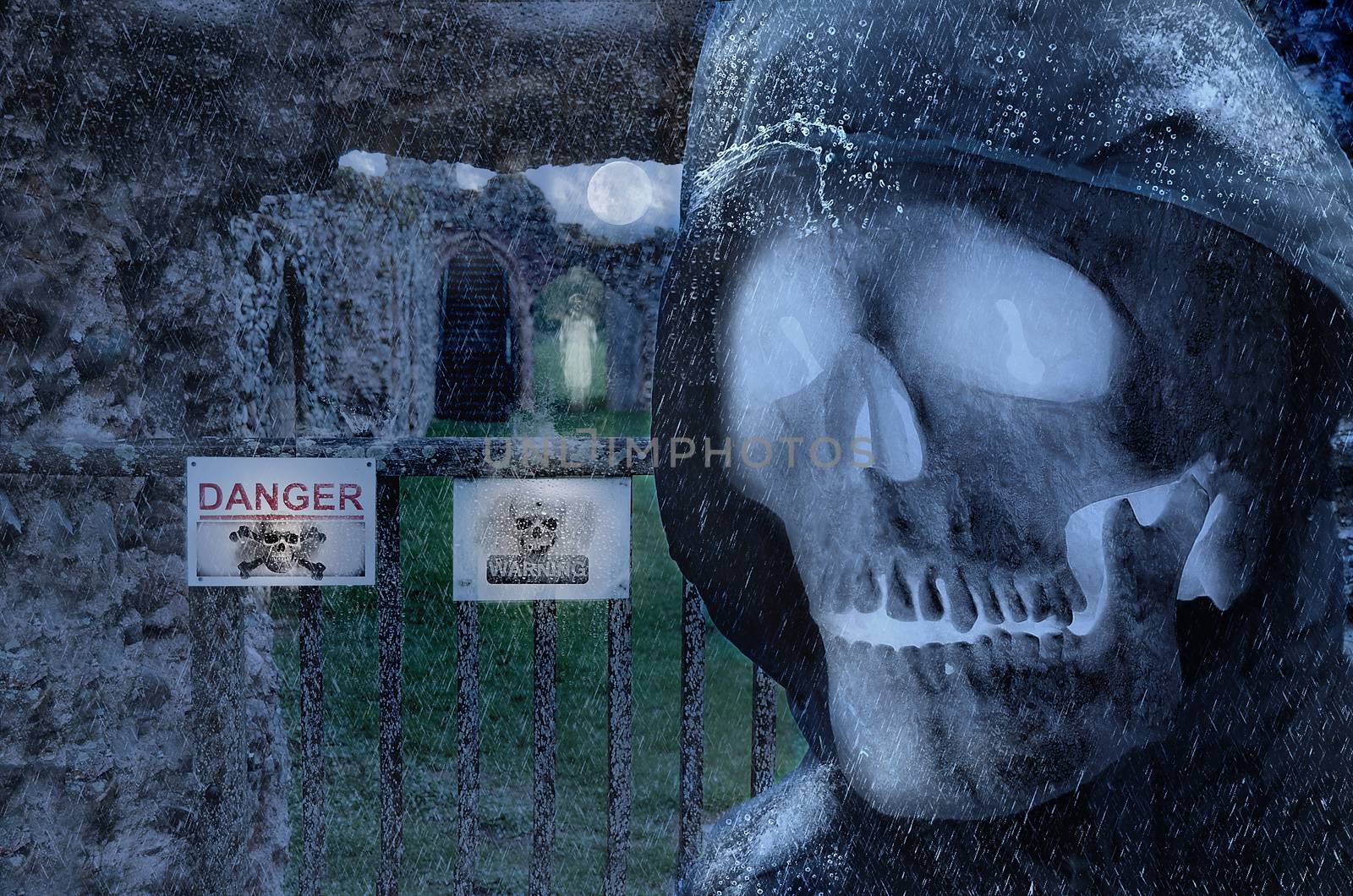 Fantasy gate in moonlight with skull and ghost. Dark scene where death shadow entering yard. Old ruined sinister house by night. Haunted house with dark scary horror atmosphere. Halloween background
