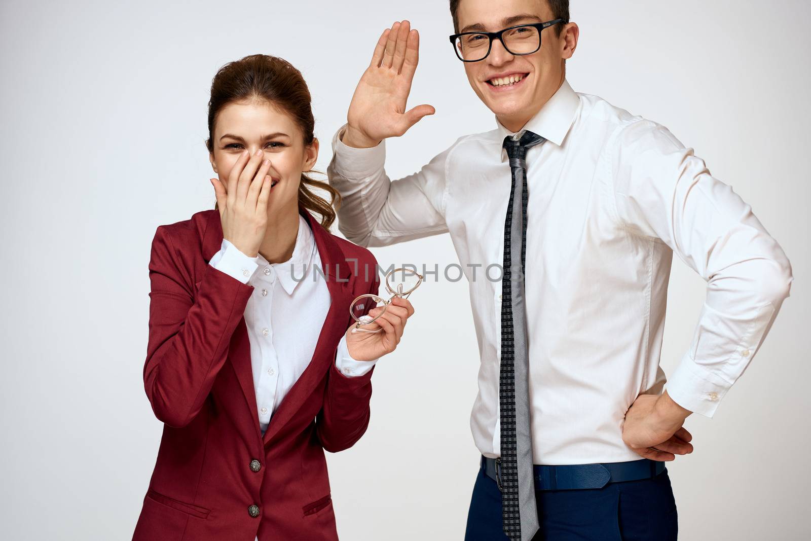 Business men and women work colleagues office team light background. High quality photo