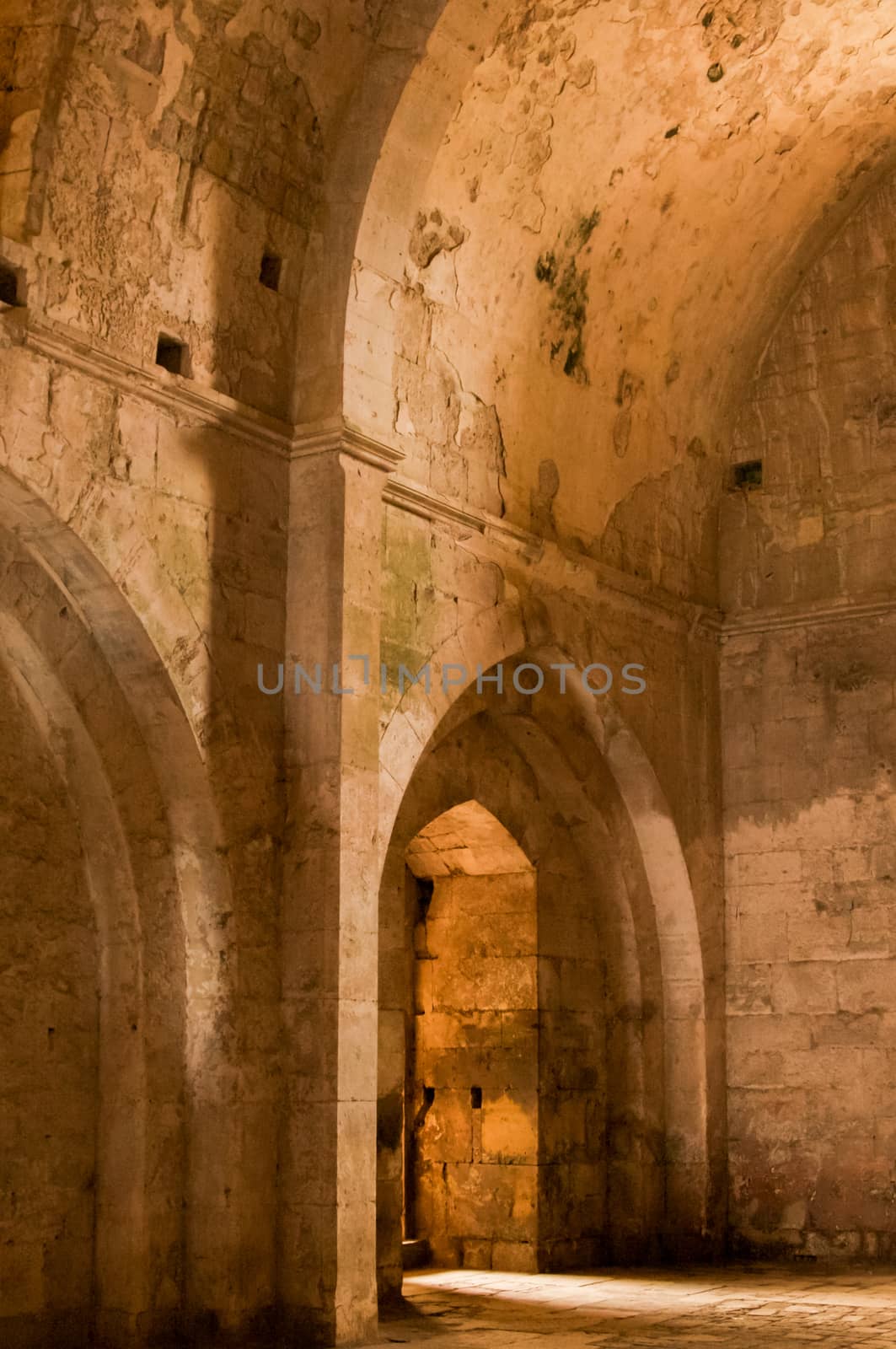 Crac de Chevalier Syria interior 2009 photographed before the war was built by the Hospitaller Order of Saint John of Jerusalem the best-preserved example of the Crusader castles. High quality photo