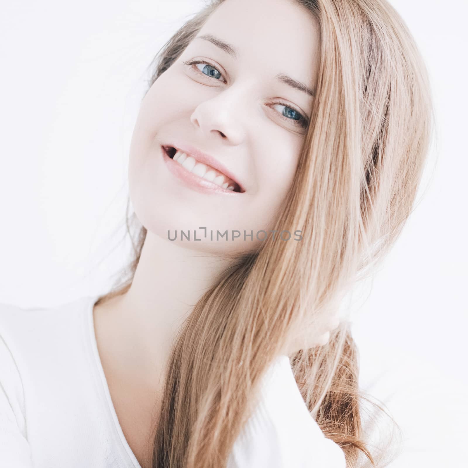 Happy beauty, closeup face portrait of young woman with long hairstyle and natural makeup look for female hair care, cosmetic or skincare brand by Anneleven