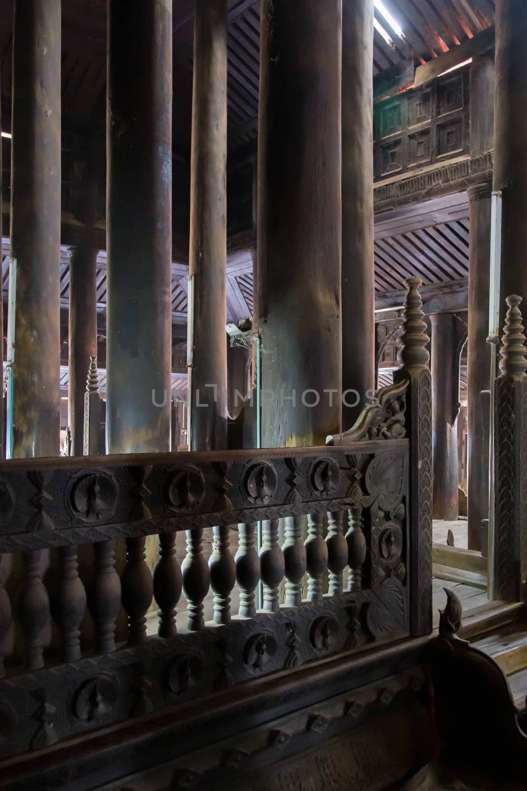 Bagaya Monastery, Inwa Myanmar 12/12/2015 Interior of teak built monastery . High quality photo