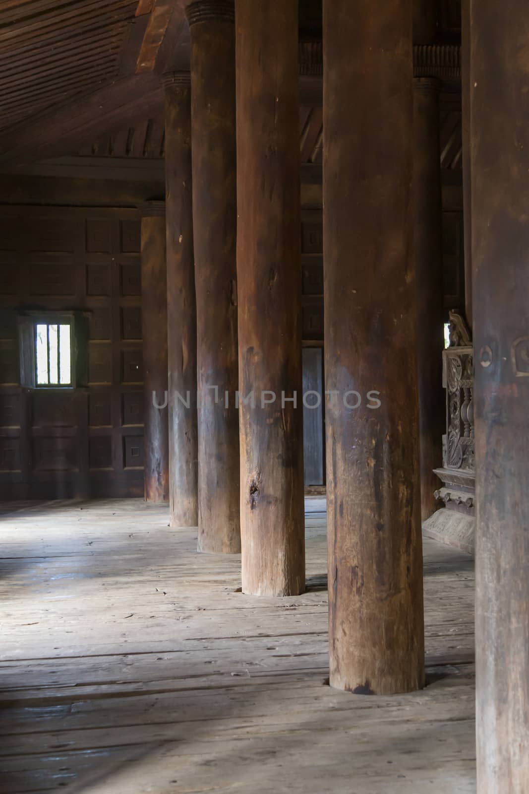 Bagaya Monastery, Inwa Myanmar 12/12/2015 Interior of teak built monastery . High quality photo