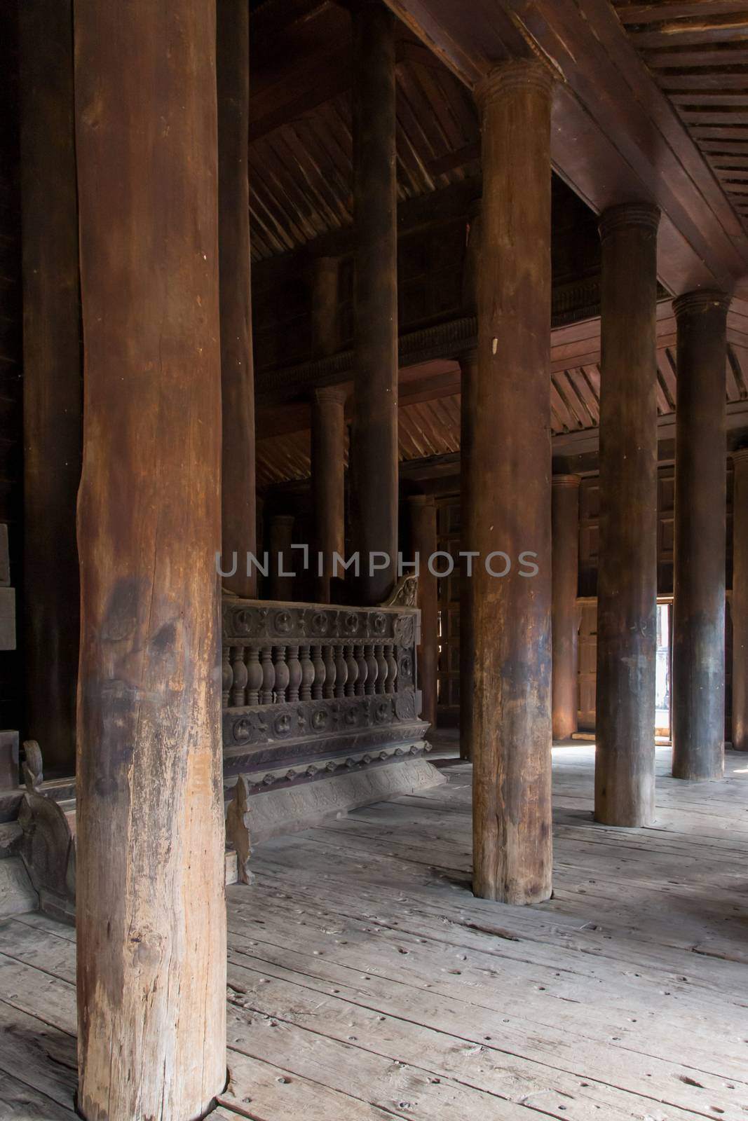 Bagaya Monastery, Inwa Myanmar 12/12/2015 Interior of teak built monastery  by kgboxford