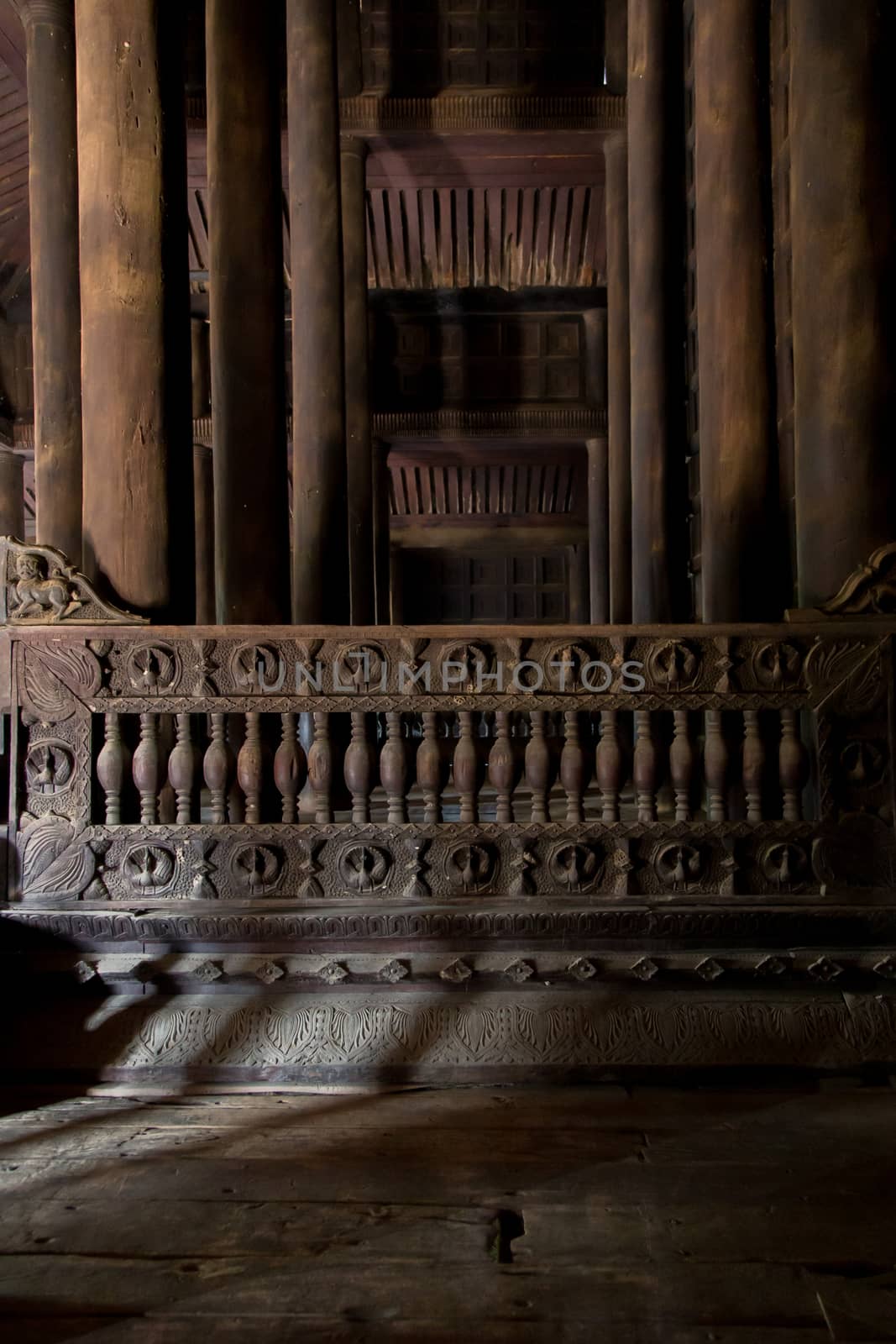 Bagaya Monastery, Inwa Myanmar 12/12/2015 Interior of teak built monastery  by kgboxford