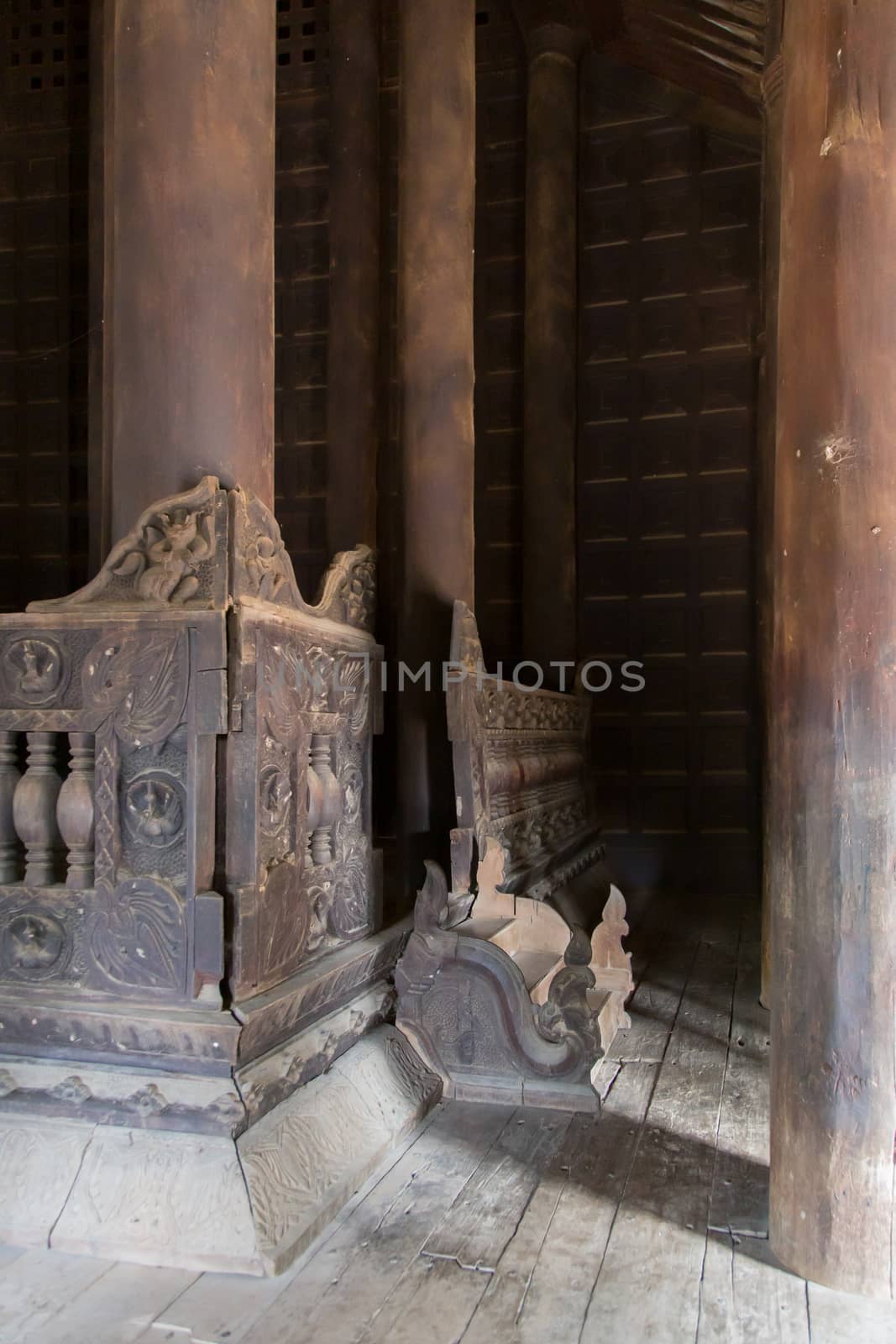 Bagaya Monastery, Inwa Myanmar 12/12/2015 Interior of teak built monastery  by kgboxford