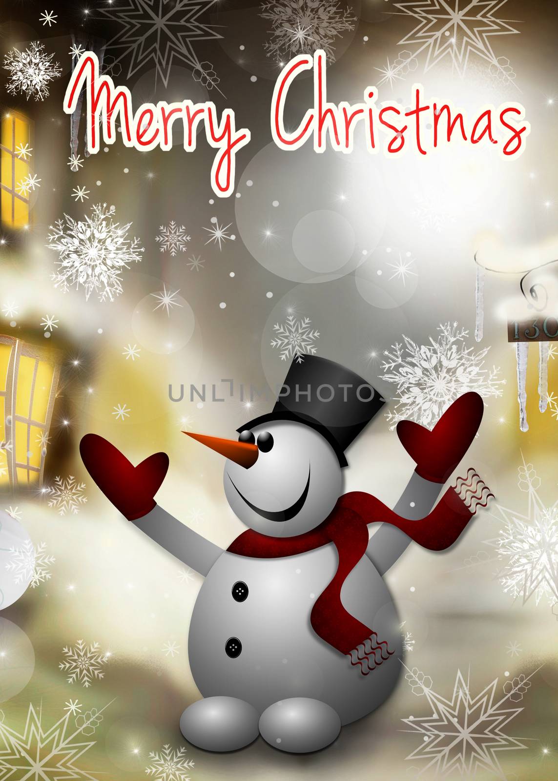 A beautiful Christmas card with a cheerful snowman on a festive winter street and a greeting inscription
