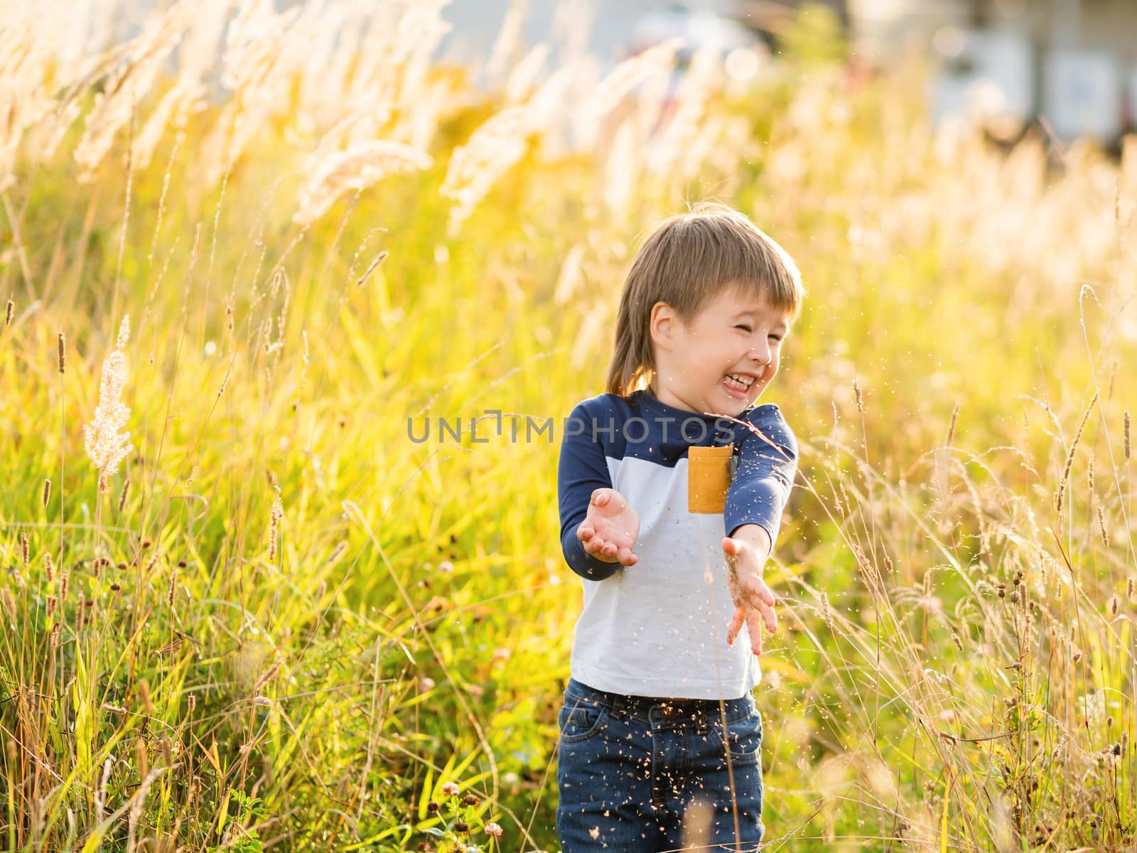 Cute toddler plays in field. Smiling boy throws plant seeds in the air. Autumn outdoor leisure activity for children. Fall season.