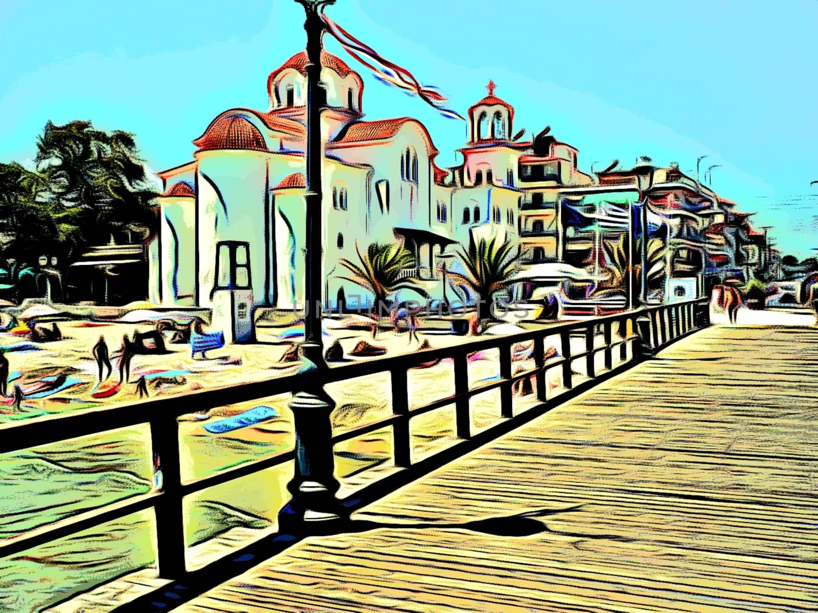 Paralia's beach with church and people in Greece painting.