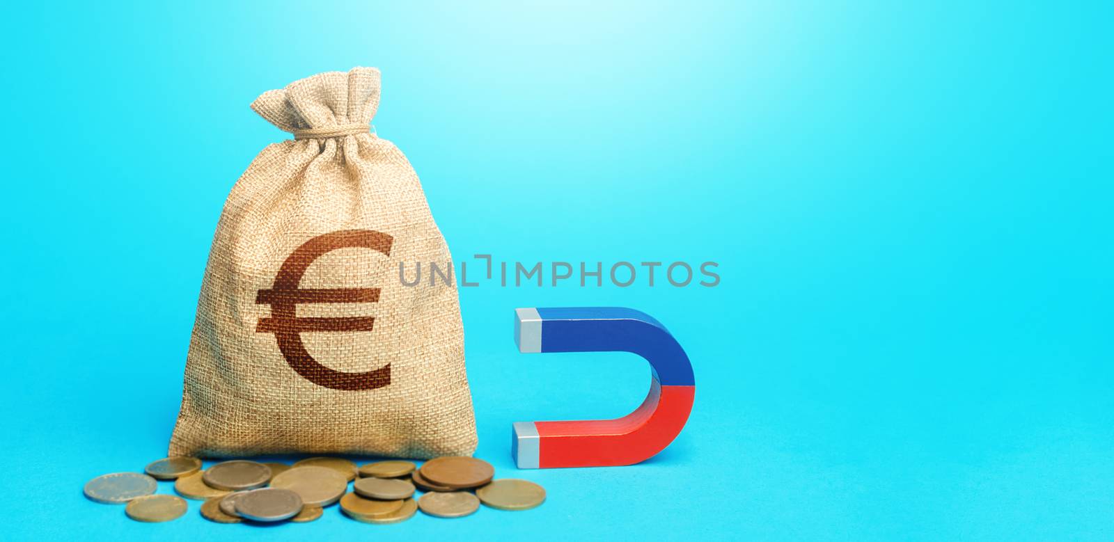 Euro money bag and magnet. Raising funds and investments in business projects and startups. Tax collection. Take part in tenders. Accumulation and attraction of capital. Money laundering