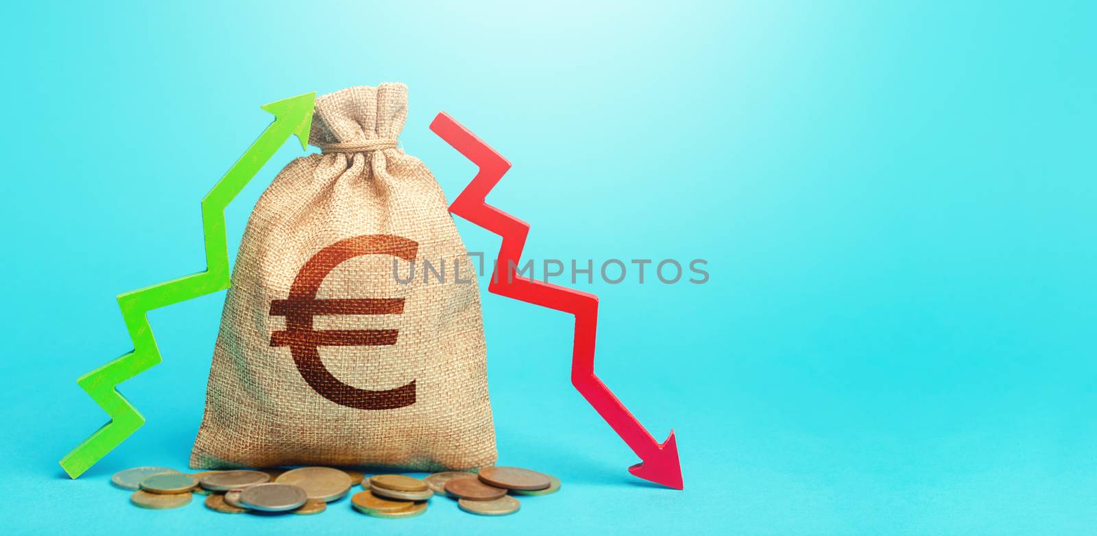 Euro money bag and two arrows of profit loss. Income expense concept. Debit and credit. Capital movement. Budget implementation. Deposits or lending in banks. Analysis financial flows. Trade balance. by iLixe48
