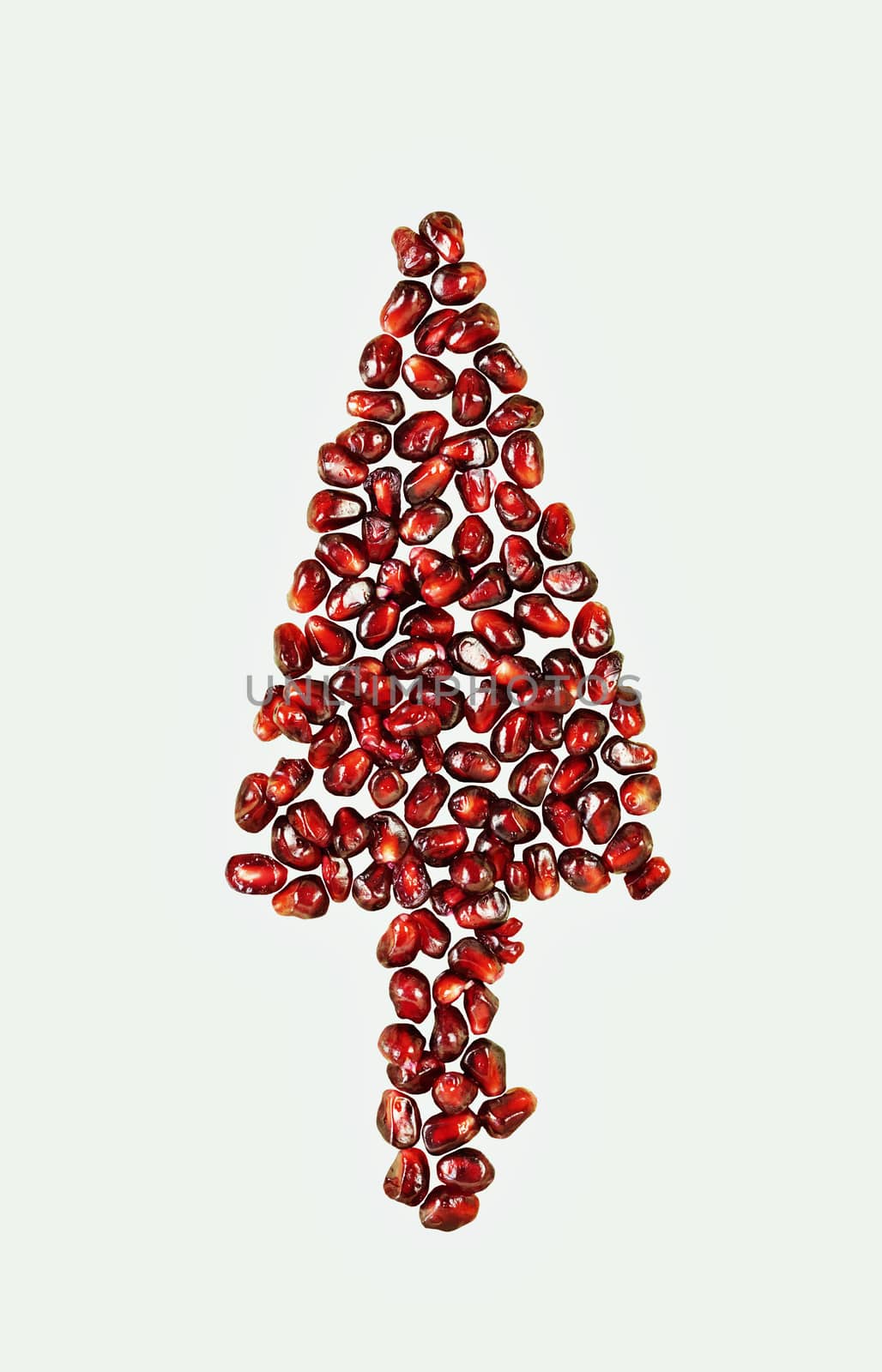 Beautiful christmas tree made with red pomegranate seeds on white background