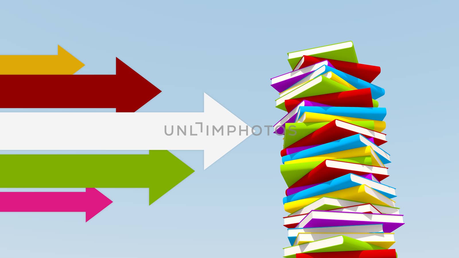 various colors of arrows pointing towards stack of books