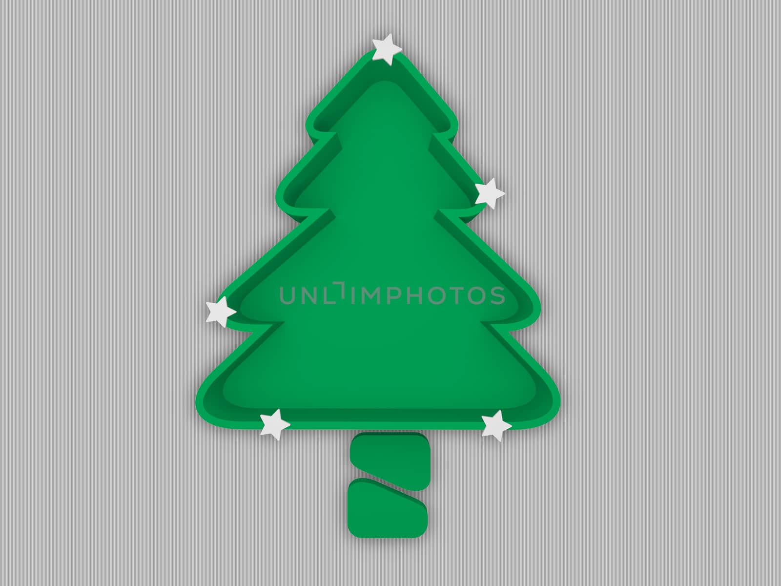 Christmas tree tray with trunk and shining white stars on grey stripe background