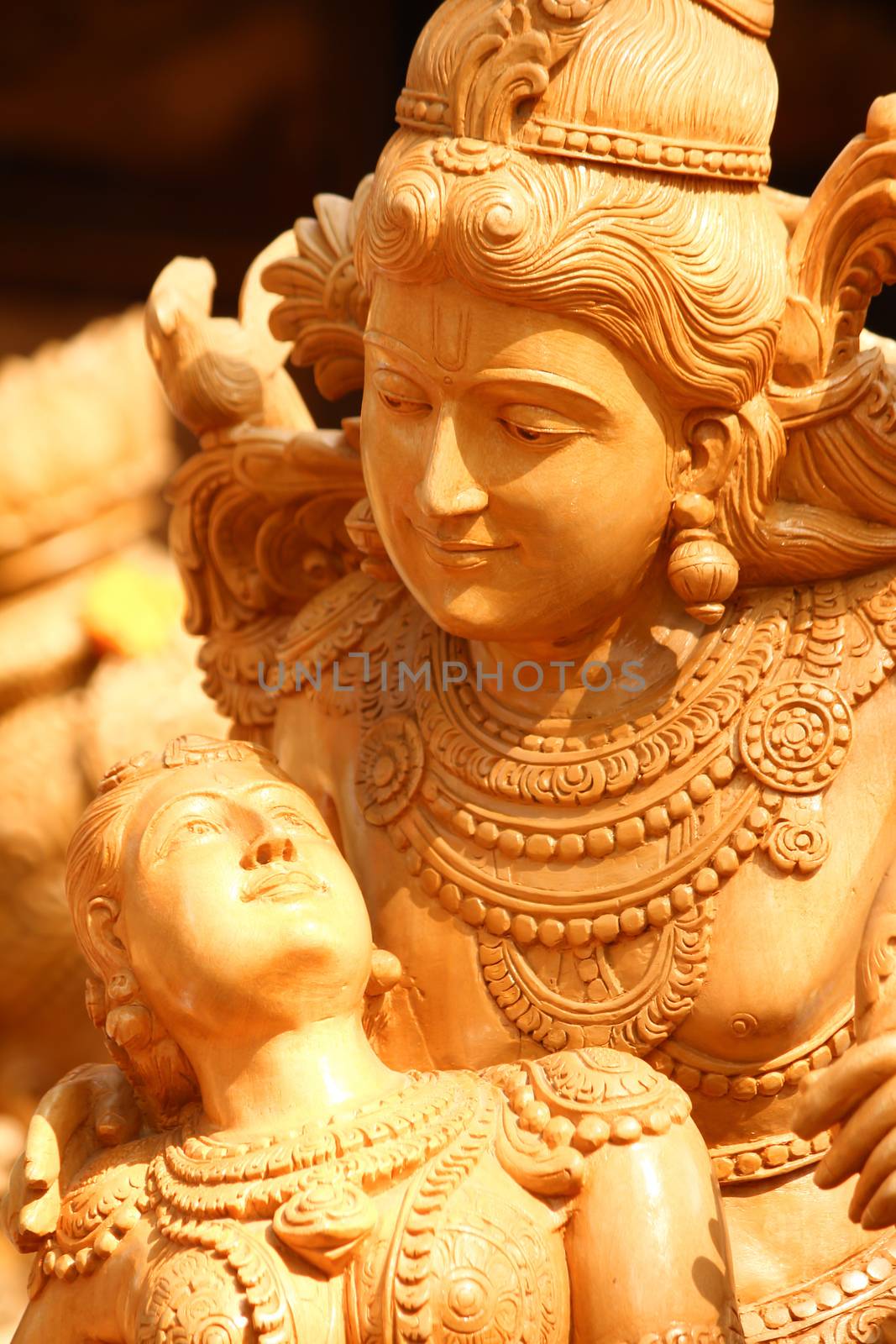 Sculpture of Lord Vishnu and Lakshmi with detail carving