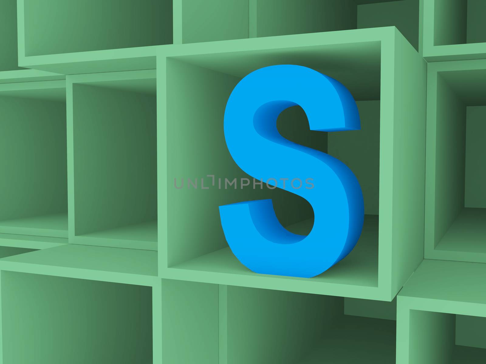 3d Open boxes on stack with letter S, background